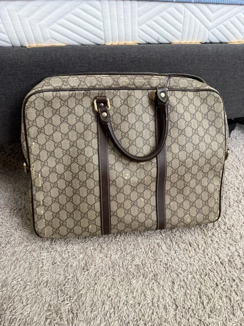 Gucci Beige Monogram Canvas Laptop Briefcase with Brown Trim